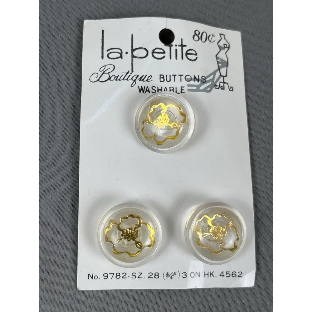 Lot Of Buttons Vintage La Petite Clear W/ Gold Flower Lily & MCM White Gold Rim